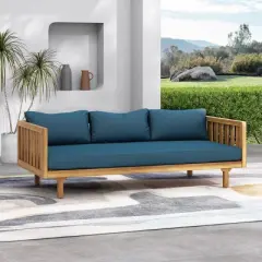 Outdoor Patio 3 Seater Daybed,Waterproof Fabric Upholstered Sofa Bed With Acacia Wood Frame,Indoor Wooden Armrests Sofa Bed-Coolbibila