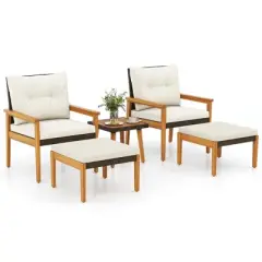 Costway 5 PCS Rattan Furniture Set Wood Frame Chairs & Ottomans with Square Coffee Table