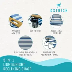 Ostrich 3N1 Outdoor Lightweight Aluminum 5-Position Reclining Beach Chair and On-Your-Back Outdoor Lounge 5-Position Beach Chair, Striped Blue