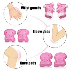 Unique Bargains Cycling Roller Skating Plastic Wrist Elbow Knee Support Brace 6 in 1 Set Protective Pads Pink White 4.9" x 3.9"