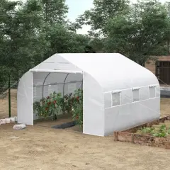 Outsunny 12' x 10' x 7' Walk-in Outdoor Tunnel Greenhouse, PE Cover, Steel Frame, Roll-Up Zipper Door & 6 Windows for Tropical Plants, White