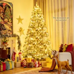 Costway 8ft Pre-lit Snow Flocked Hinged Christmas Tree w/1502 Tips & Metal Stand