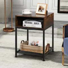 Costway Industrial Nightstand End Side Table W/ Compartment & Mesh Shelf Rustic Brown