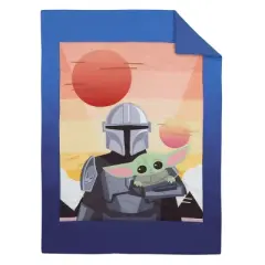 Star Wars The Mandalorian and The Child Grogu Blue, and Yellow, and Orange Din Djarin Twin Suns 4 Piece Toddler Bed Set