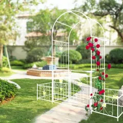 NicBex Garden Trellis Arch with Door 79.5"X86.6" Pea Trellis Rustproof Trellis for Climbing Plants Outdoor, Creamy White
