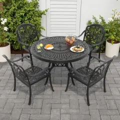 5-Piece Cast Aluminum Outdoor Dining Set with Brown Cushions, Round Table & Stackable Chairs - for Patio, Backyard