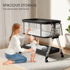 Fodoss Baby Bassinet Bedside Sleeper with Wheels & Storage Tray, Portable Crib for Newborns