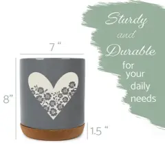Elanze Designs Floral Heart Flowers Arrangement Love� Ceramic Cork Bottom Gray Large Capacity Utensil Holder Crock for Countertop Storage, Stylish &