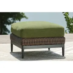Signature Design by Ashley Horizon Hall Outdoor Ottoman with Cushion - All-Weather Resin Wicker - Green UV-Resistant Nuvella+ Fabric