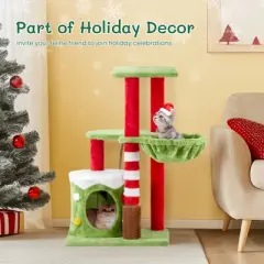 phiestina 32in Cat Scratching Posts Tower, Christmas Themed Plush Cat Tree with Hammock, Cat Massage Brush, Activity Center for Indoor Cats