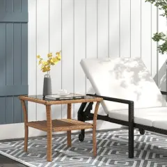 Okak Outdoor Rattan Side Tables w Storage Shelf, 2-Tier Patio End Table Coffee Table w Glass Top Outdoor&Indoor for Garden Balcony Yard Pool