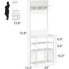72.8" White Narrow Entryway Coat Rack w/ Doors & Shoe Storage - 7-Hook Hall Tree Organizer for Mudroom, Bedroom & Closet