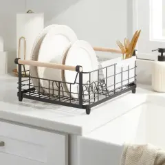 Metal Dish Rack with Powder Coated Finish and Rubber Wood Handles Black - Brightroom&trade;: Freestanding Dish Drying Rack