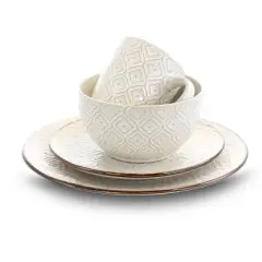 16pc Stoneware Grand Pattern Dinnerware Set White - Elama
