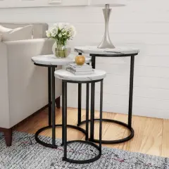 Hastings Home Round End Tables with Faux Marble Top and Black Metal Base Nesting Tables, White, Set of 3