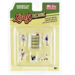 "Lady Mechanic" 6 piece Diecast Set (4 Figurines and 2 Accessories) for 1/64 Scale Models by American Diorama