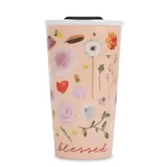 Lighthouse Christian Products Thankful and Blessed 12 ounce Ceramic Stoneware Travel Tumbler Mug, Blush Pink Floral