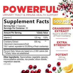 Cranberry Supplement Pills + Vitamin C - Made with 25,000mg Cranberry Concentrate Whole Fruit Extract to Help Cleanse & Support - 60 Capsules