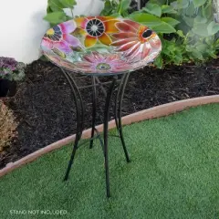 Alpine 18" Glass Birdbath with Colorful Flowers: Freestanding Garden Decor, Weather-Resistant