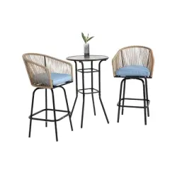 3 Piece Outdoor Patio Bistro Bar Set,Patio Round Bar Table and 2 Swivel Bar Stool Set with Cushion,Bar Height Metal Garden Dining Set-Coolbibila