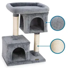 PAWBEE 33" Cat Tree House - 2 Condos & 2 Sisal Scratching Posts - Cat Scratching Post Tower With Ex-Large Plush Perch - Sturdy Base & Anti-Tip Strap