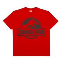 Jurassic Park Gray Logo Adult Red Crew Neck Short Sleeve T-shirt
