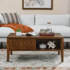 Mid Century Modern Grooved Coffee Table With Storage Sliding Doors, Vintage Farmhouse Wood Center Table For Living Room And Apartment Office