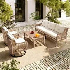 FIONECA 4-Piece Patio Furniture Set with Swivel Chairs, Outdoor Rattan Sofa Conversation Set for 5 People with Cushions & Coffee Table, Beige