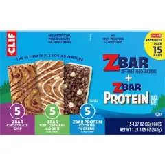 CLIF ZBAR and ZBAR PROTEIN Chocolate Chip, Iced Oatmeal Cookie, Cookies and Cr&egrave;me Granola Bar Variety Pack Made with Organic Oats - 19.05oz/15pk