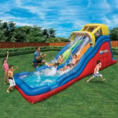 Banzai Double Drop Kids 2 Lane Raceway Inflatable Outdoor Bounce Water Slide Splash Park with Sprinklers and Climbing Wall for Ages 5-12