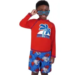 Boys Swim Set with Long Sleeve Rash Guard, Swim Shorts, and Sunglasses, Kids Ages 5-6