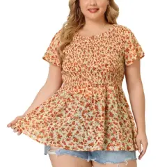 Agnes Orinda Women's Plus Size Chiffon Smock Waist Ditsy Floral Peplum Blouse