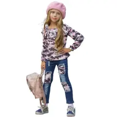 Girls Can't See Me Camo Patched Jeans Set - Mia Belle Girls