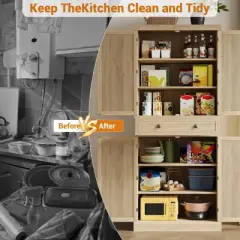 72" Kitchen Pantry Cabinet, Freestanding Storage Cabinet with 4 Woven Panel Doors, 1 Drawer & 4 Adjustable Shelves, Wood Cupboard for Dining Room