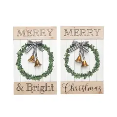 Transpac MDF Holiday Slat Decor with Bell Set of 2 Christmas Home Decorations for Festive Wood Decor