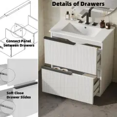30" Fluted Bathroom Vanity with Sink &acirc;&acirc;&sbquo;?Ceramic Basin, Soft Close Drawers,Split Storage,Freestanding Vanity Cabinet with 8" Faucet Compatibility