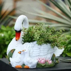 LuxenHome White Resin Swan Family Planter