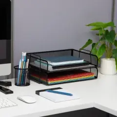 Mind Reader Stackable Paper Tray, Desktop Organizer, File Storage, Office, Metal Mesh, 14"L x 9.75"W x 6"H, 2pc., Black