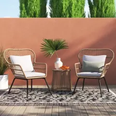 Barton 3 Pieces Outdoor Patio Wicker Chat Conversation Bistro Set (2) Chairs and Table, Beige