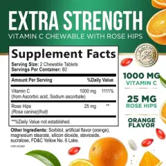 Chewable Vitamin C 1000mg - Extra Strength Antioxidants for Powerful Immune Support w/Vitamin C & Rose HIPS - Potent Dietary VIT C Chews - 120 Tablets