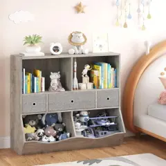 GustoWave Kids Bookshelf and Toy Storage,4-Cubby Book Shelf for Kids Rooms Decor,3-Tier Woodn Toy Organizer with Bookcase,White