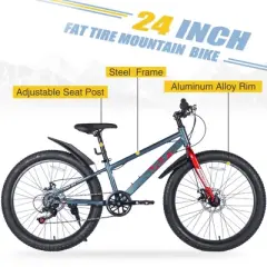 VASIP Youth 24" Fat Tire Mountain Bike | Ages 10+ | Dual Disc Brakes & Shimano 7-Speed | All-Terrain Beach & Snow Bike