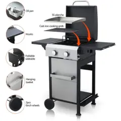 ORRD 2-Burner Propane BBQ Grill, 24600BTU, SS Plancha & Enamel Grids, Foldable Side Table, Hanging Basket, Stainless Steel, Outdoor