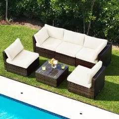 Tangkula 6PCS Wicker Patio Sectional Conversation Furniture Set with Seat Cushions & Coffee Table