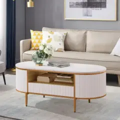 Modern Luxury Fluted Coffee Table, 48" Coffee Table with Storage Drawer, Oval Coffee Table with Golden Legs,  Faux Marble Top
