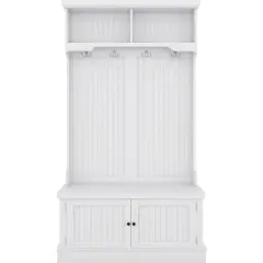 Acekool 4-in-1 Hall Tree with Storage Shoe Bench, Coat Rack with 4 Hooks, Entryway Organizer with Display Shelves & Cabinet, White