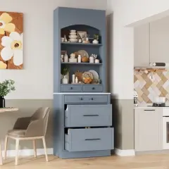 Gulches 83.7" High Kitchen Pantry , Freestanding Tall Hutch with Faux Marble Top, 5 Storage Drawers & Adjustable Shelf&iexcl;&ordf;Elegant Display Cabinet,Gray