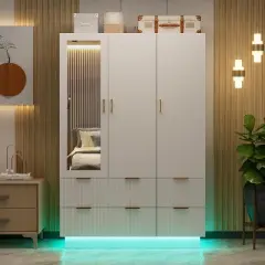 PAKASEPT 47"Wide White Armoire Wardrobe Closet with 3 Door, Mirror, LED Lights, Hanging Rod and 6 Drawers