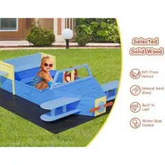 Airplane Wooden Sandbox &ndash; Kids Outdoor Sandpit with Drainage Liner, Foldable Benches & Playful Design for Backyard, Ages 4+