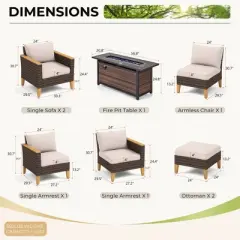 Captiva Designs 8pc Wicker Outdoor Patio Rattan Sectional Conversation Set with Fire Pit Table and Cushioned Ottoman